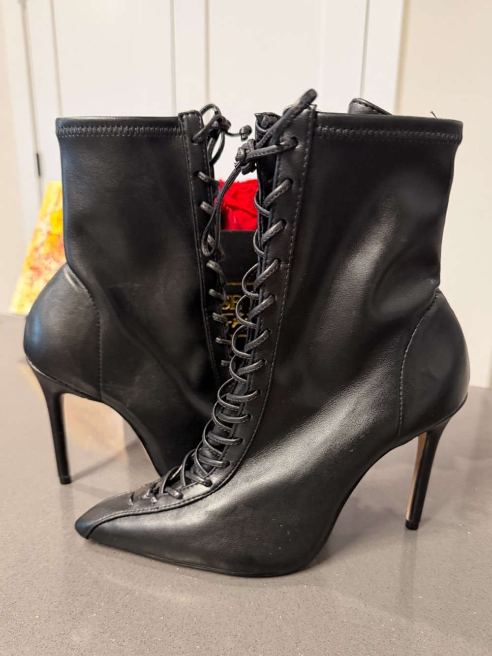 Schutz TENNIE Bootie Lace Up Stiletto Ankle Boot Black Size 7.5‎ Victorian Chic